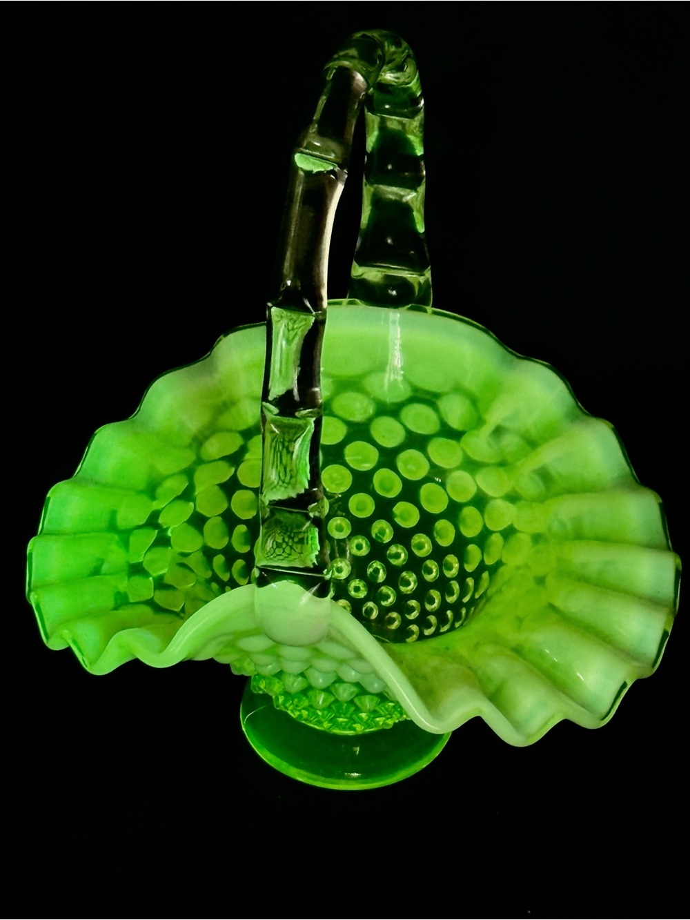 Vintage Fenton Topaz Opalescent Hobnail Glass Basket - Uranium / Vaseline Glass